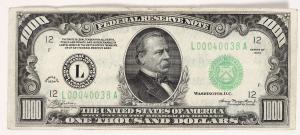 $1,000 Federal Reserve Note from 1934, printed in San Francisco with a green seal, with a Grover Cleveland vignette, one of 90,600 printed, in VF-EF condition ($2,750).