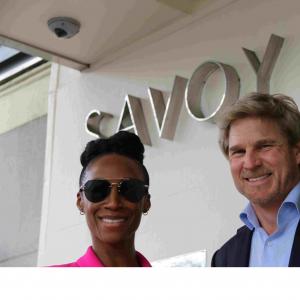 Noah Huntley and Victoria Ekanoye stars of Falcon outside the Savoy London Mip