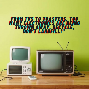 Image of old televisions and small portable electronics that are ready for proper disposal with text reading "From TVs to Toasters, Too Many Electronics are Being Thrown Away. Recycle, Don't Landfill!"