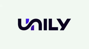 The image features the logo of "Unily" with a modern and stylized typography. The letters are bold and black, with a unique design where the "U" is partially open at the top, incorporating two small blue-purple gradient shapes that resemble fins. The back