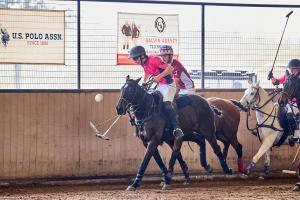 two arena polo players on horses vie for the ball