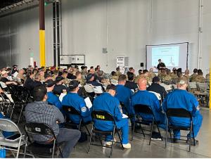 College Station, TX - Captain Aaron Fritch of the Texas Department of Public Safety UAS Program briefs participants prior to the start of SAREX 2024 at the Texas Department of Emergency Management.