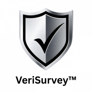 VeriSurvey logo: metallic shield with checkmark, symbolizing secure and verified surveys. Text 'VeriSurvey™