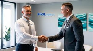 Two business professionals shaking hands in an office, representing a successful AI-powered marketing partnership with PoolLeads.AI for pool companies.