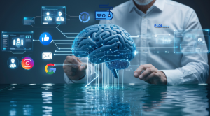 A businessman interacts with a digital AI-powered brain surrounded by marketing icons like SEO, social media, and Google, representing PoolLeads.AI as an all-in-one AI solution for pool business growth.