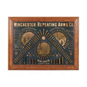 Winchester circa 1888 inverted “V” cartridge display board, slightly altered from the 1886 introduced version by the addition of two additional rifle cartridges (est. CA$25,000-$40,000).