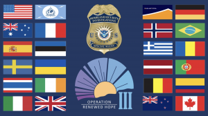 Operation Renewed Hope III logo with country flags of Australia, Belgium, Brazil, Canada, Colombia, Croatia, Estonia, France, Germany, Greece, Ireland, Italy, Latvia, Norway, Portugal, Romania, Spain, Sweden, Thailand, Ukraine and United Kingdom