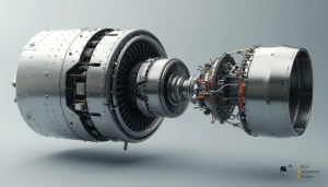 A detailed 3D rendering of a jet engine, showcasing its internal components