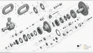 Technical illustration showcasing the assembly sequence of a precision-engineered gearbox component