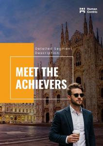 Achievers long segment description cover, showing a confident man in business attire drinking a coffee on the go, in front of the Duomo of Milano