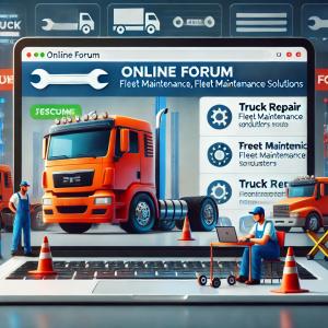 A laptop displaying a vibrant online forum focused on truck repair discussions, with a mechanic working in the background.