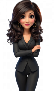 this image is a cartoonized avatar of the cofounder, reena in a black suit.