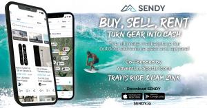 This is an image of the sendy.io marketplace interface overlayed on a hero image of a snowboarder, accompanying statics indicating SENDY's growth and traction. The UX interface features, skiis snowboards and outerwear.