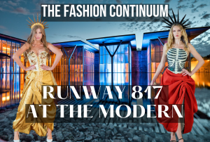 Two fashion models wearing avant-garde designer outfits stand in front of the Modern Art Museum of Fort Worth at sunset. The text 'The Fashion Continuum' is displayed at the top, and 'Runway 817 at The Modern' is prominently featured in bold typography