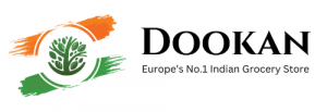 Dookan logo with the tagline "Europe’s No.1 Indian Grocery Store," featuring an orange and green brushstroke design with a tree emblem.