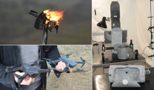 A Group 1 quadcopter burns after being engaged by Aurelius Systems’ laser weapon system (LWS) during tests at the Naval Postgraduate School’s (NPS) latest Joint Interagency Field Experimentation (JIFX) held Feb. 3-7, 2025.