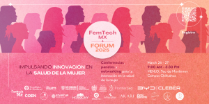 Banner del FemTech MX Forum 2025, con siluetas de mujeres en tonos rosa y un círculo central que destaca el evento. Incluye detalles sobre fechas, horarios y actividades relacionadas con la salud de la mujer.