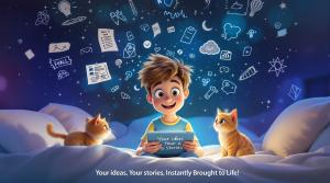 A joyful boy in bed holds a tablet as glowing creative icons float around him, symbolizing storytelling magic. Two kittens sit beside him, adding warmth to the dreamy, starry scene.