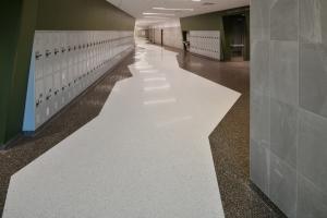 Terrazzo design: Colorado mountains inspired the peak patterns in terrazzo in the hallway.