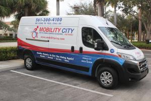 Photo of Mobility City Technicians arrive in branded vans equipped as a mobile workshop for repairs and deliveries