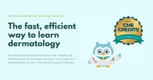 Light blue background with wording describing Dermwise, the Dermwise mascot, Dermit and a badge showcasing that CME credits can be earned through Dermwise courses.