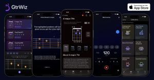 GtrWiz app showing chord library, Chord Assist, metronome, and curated chord packs on iPhone screens.