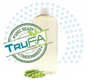 Product image from Trucent Renewable Chemicals featuring TruFA®—a clear, sustainable fatty acid and TOFA alternative—alongside soybeans and a "Spec Ready" and "Trademarked" stamp, representing renewable sourcing and official trademark registration.
