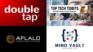 A collage featuring four logos: the top left shows the words 'double tap' in bold white lowercase letters against a red gradient background; the top right displays a banner for 'Top Tech Tidbits' with the tagline 'The Week's News in Access Technology', ac