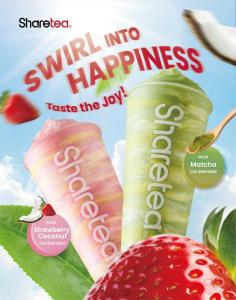 Sharetea's promotional image featuring two new ice blended drinks, Strawberry Coconut and Matcha, with the slogan 'Swirl into Happiness, Taste the Joy!' against a bright, sunny backdrop.