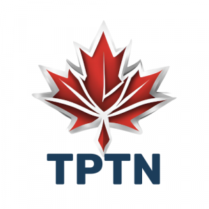 TPTN logo featuring a modernized red maple leaf and bold blue acronym below. Symbolizes Canada’s leadership in digital trade.