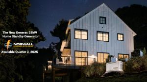A home at night surrounded by trees and landscaping against a dark sky with stars. A new Generac Generator models is lower right. Text on the left reads "The New Generac 28kW Home Standby Generator. Norwall Power Systems. Available Quarter 3, 2025."
