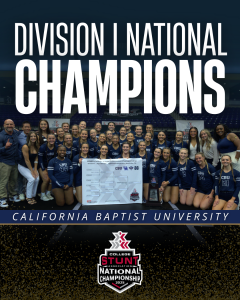 A STUNT team with female athletes, in blue uniforms with thier coaches and a bracket showing #1 signs of them winning
