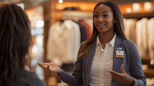 sales person helping customer at a store.
