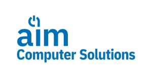 This logo contains AIM in lower case with a power button dotting the I. And the words Computer Solutions stacked beneath it.