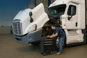 Mechanic servicing a white semi-truck with the hood open inside a clean, well-lit truck repair shop.