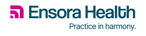 Pink and sky blue Ensora Health Logo with tag line, practice in harmony.
