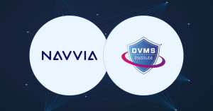 Two overlapping circles display the Navvia logo on the left and the DVMS Institute shield logo on the right, set against a dark background with abstract lines.