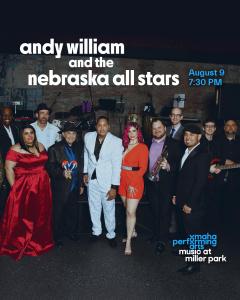 A group of men and women next to blue and white text.