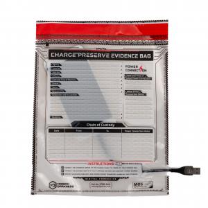 A charge-preserve evidence bag with labeled sections for case details, chain of custody, and power connection instructions; a USB cable extends from the bottom right corner.