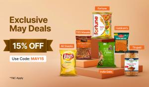 Exclusive May Deals banner with 15% off offer on Dookan; featuring Fortune, Haldiram’s, TRS, India Gate, Tirupati, and Lay’s products.