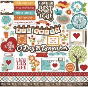 A colorful 12x12 paper kit with cheerful designs, family-themed quotes, and patterned sheets perfect for crafts and scrapbooks.