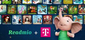 Mosaic of story illustrations in the background with Readmio logo, Mio The Elephant and logo T-Mobile.