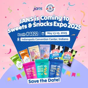 JansFood booth display at the 2025 Sweets & Snacks Expo featuring Jubes Coconut Jelly, Spring Roll Snacks, and Milk Candies.