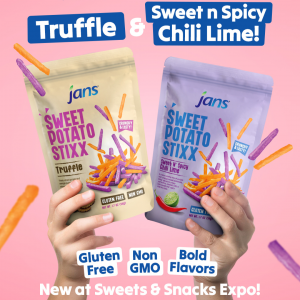 Jans Sweet Potato Stixx featured at the 2025 Sweets & Snacks Expo, with eye-catching packaging and crunchy snack samples on display.