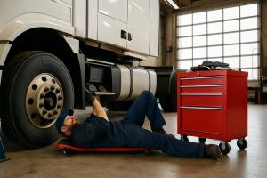 Mechanic in navy uniform working beneath a white semi-truck inside a well-lit repair shop, with a red tool chest nearby.