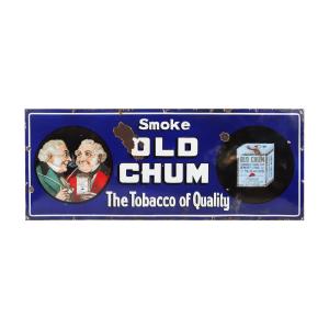 Canadian circa 1900-1910s single-sided porcelain sign for Old Chum Tobacco, 24 inches by 60 inches and graded 7.75, with colors that are vibrant and glossy. Estimate: CA$4,000-$6,000