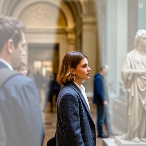 A woman in a museum focusing on an exhibit, with directional sound technology enhancing her concentration on the exhibit's audio guide while minimizing surrounding noise.