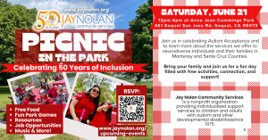 Flyer advertisement for the June 21st picnic in the park in Santa Cruz hosted by Jay Nolan Community Services