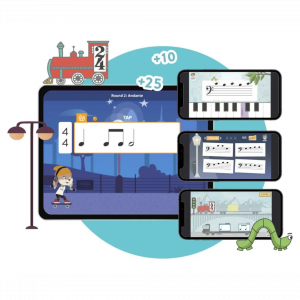 Mobile screens displaying Hoffman Academy’s interactive music theory games, including rhythm tapping, note reading, and pitch recognition activities.