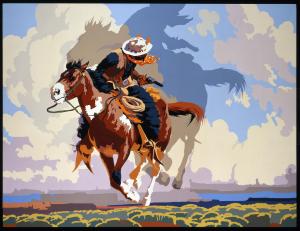 A colorful Pop Art-style painting of a cowboy on a galloping horse, set against a bold sky with dramatic shadows and western scenery.